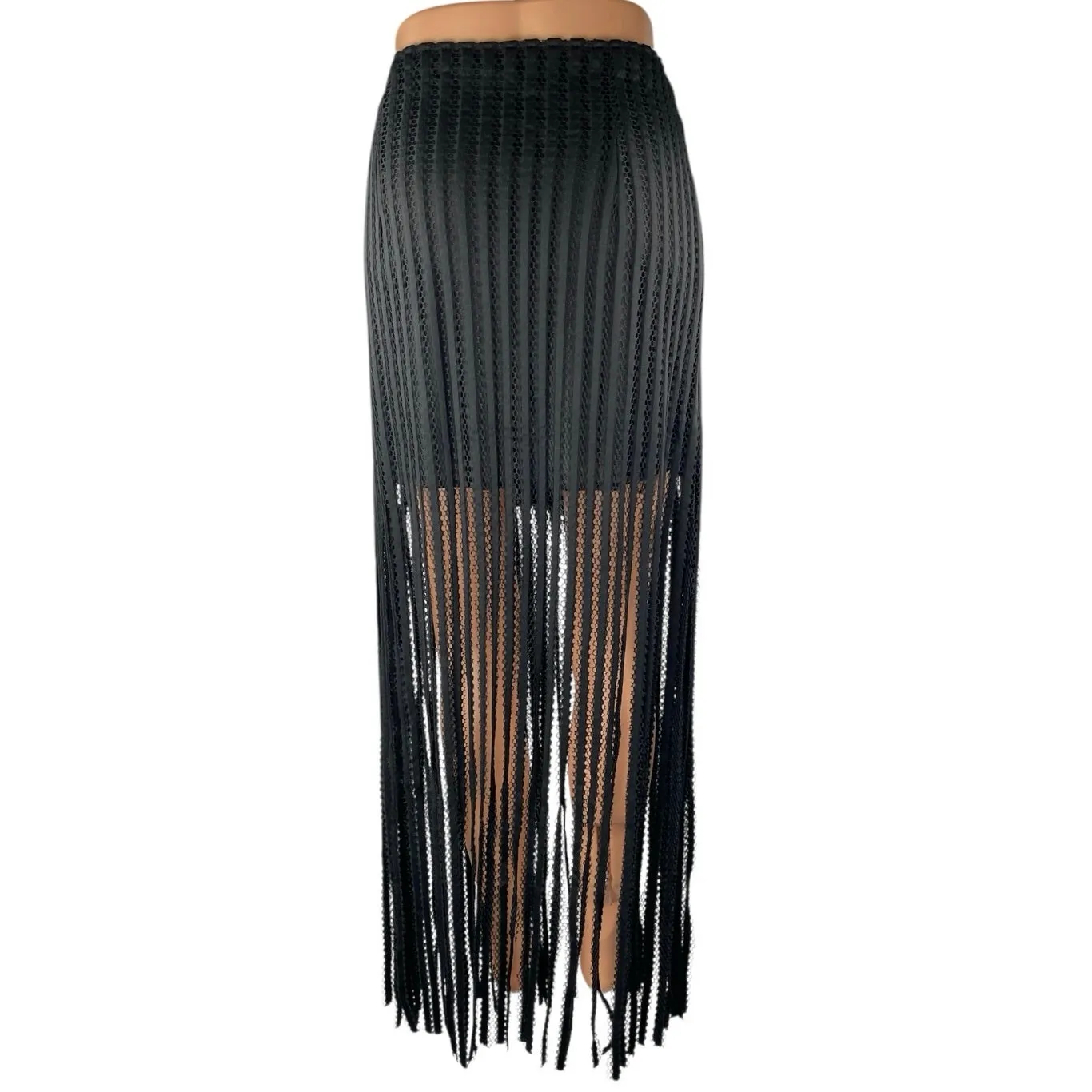 Ft Inc Black Ribbed Knit Fringe Trim Boho Maxi Straight Pencil A - Image 3