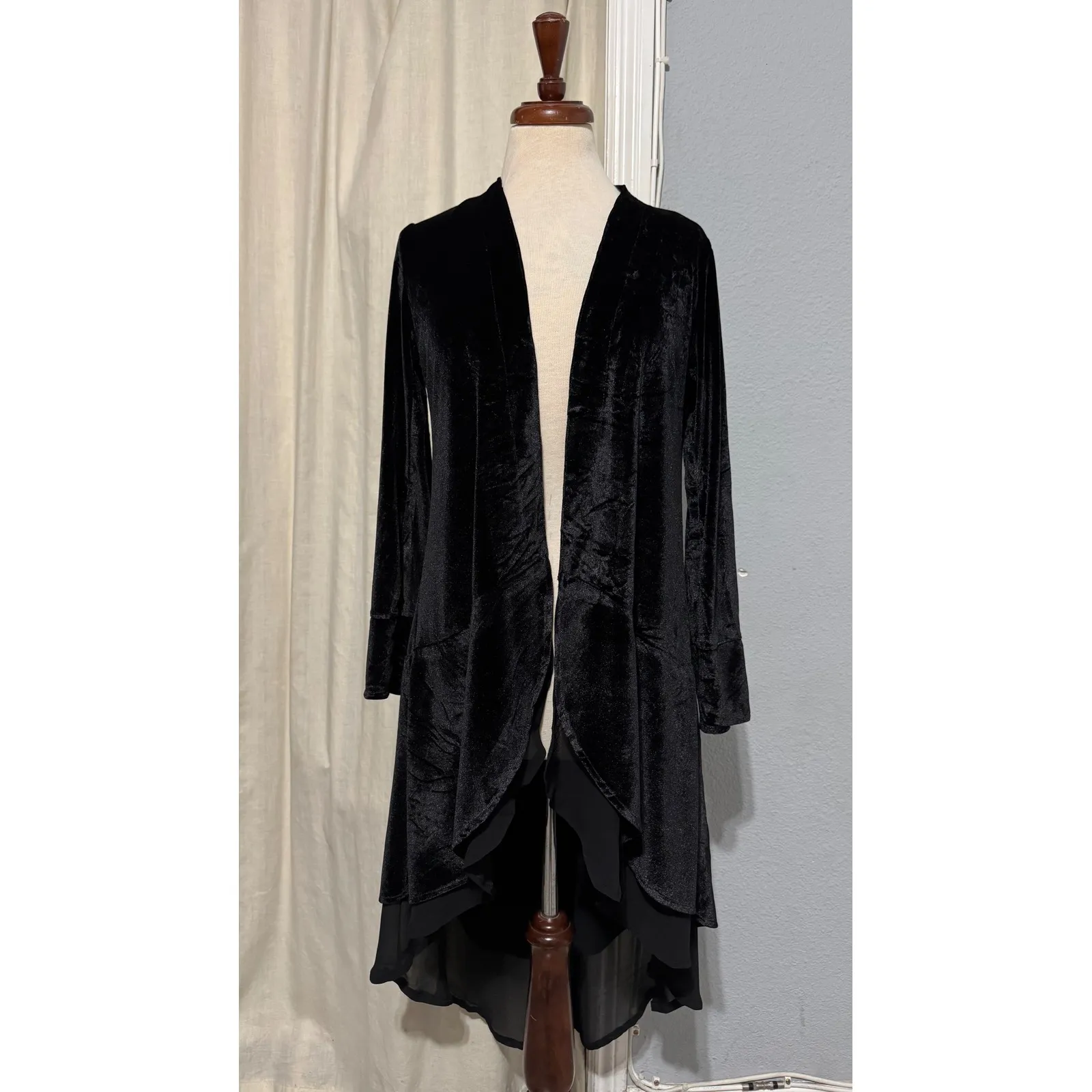 90s Black Velvet Duster Goth Cardigan Waterfall Sheer Hem Open Front Women S - Image 5