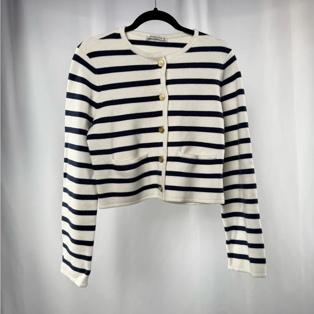 Abercrombie & Fitch Gold Button Striped Cardigan Sweater in White Navy Size S - Image 2
