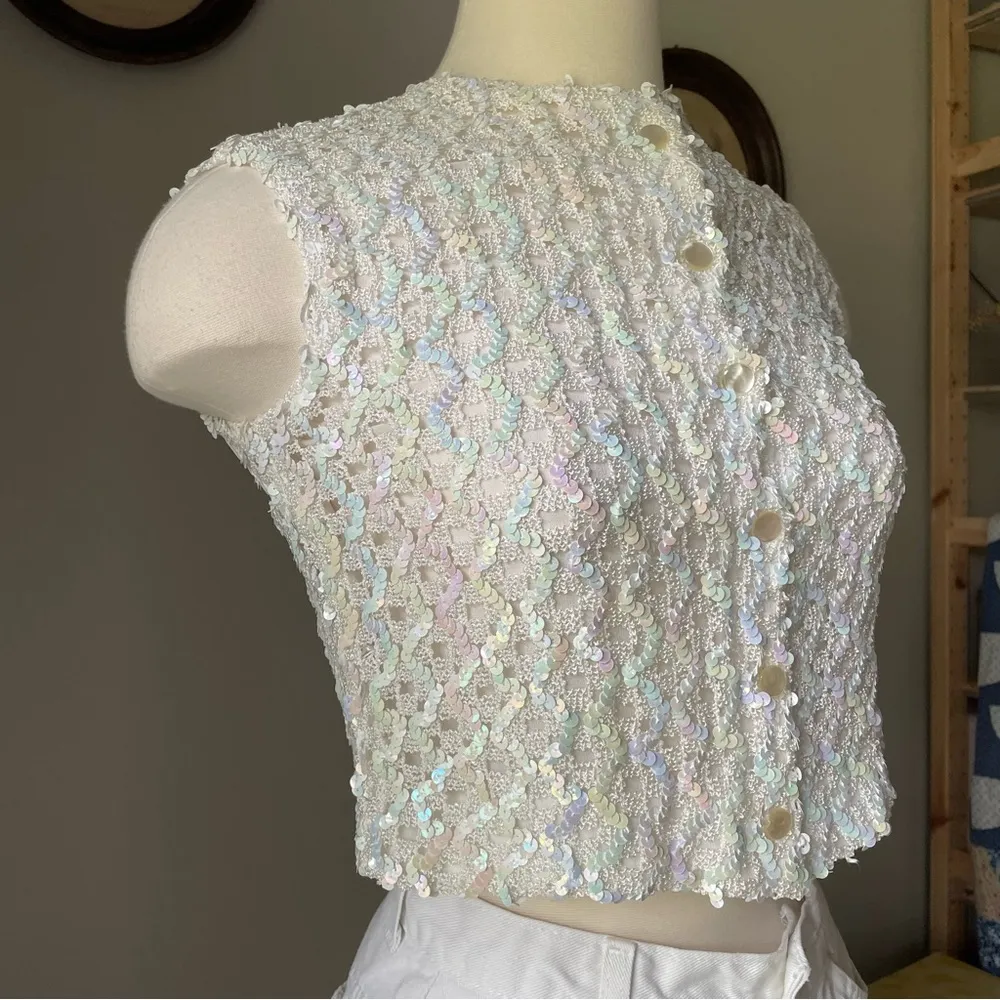 VINTAGE 1960s iridescent sequin top & jacket set White Size XS - Image 7