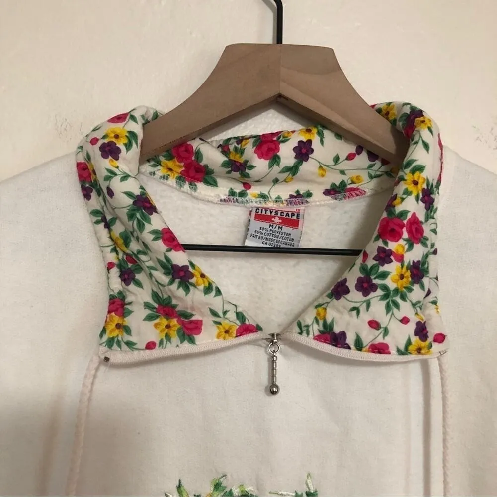 Vintage 90's Cityscape Floral Mock Neck Pullover Zip Up Sweatshirt Sweater White Size M - Image 3