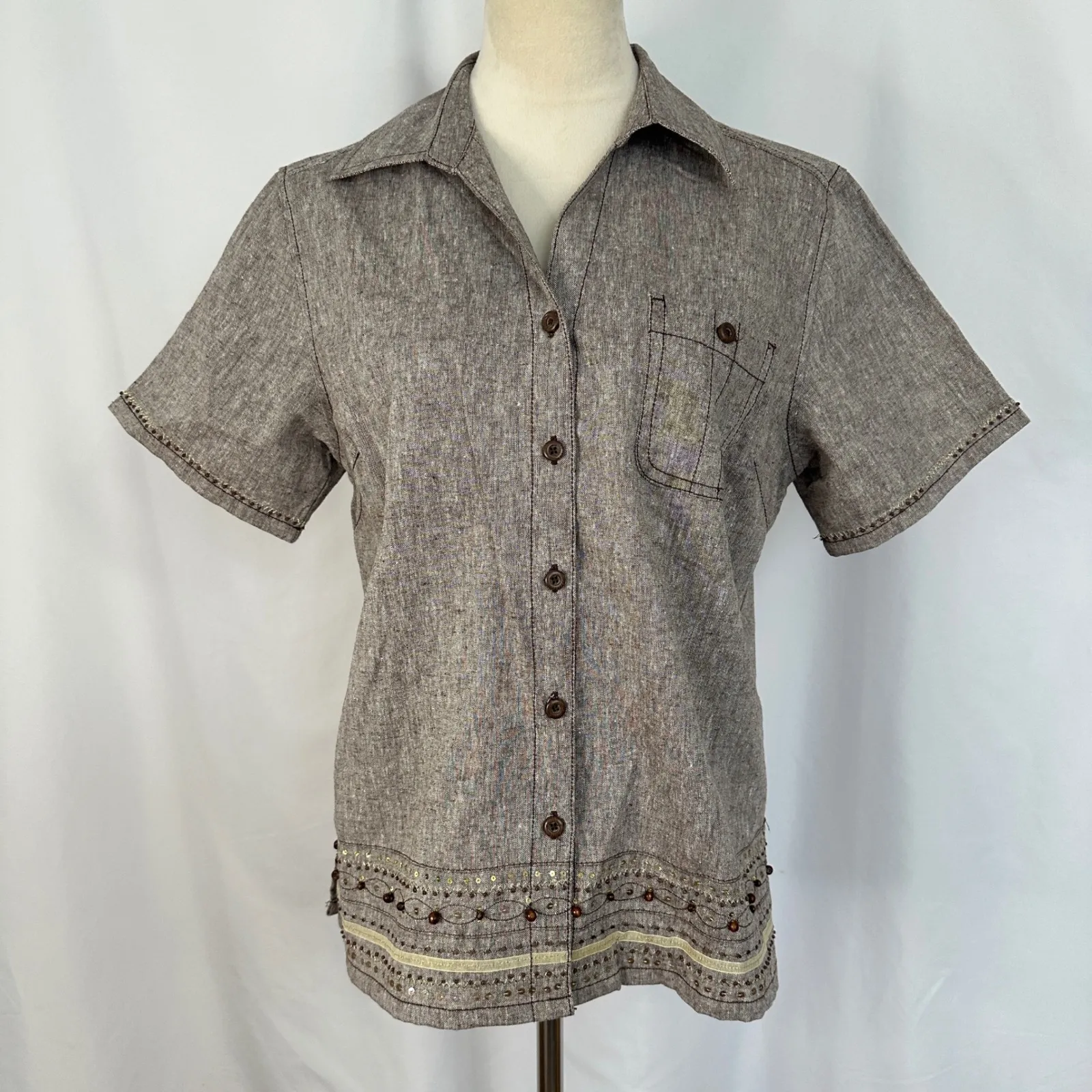 Appagallo Linen Blend Set Embellished Details Brown Crop Pants Blouse Medium - Image 6