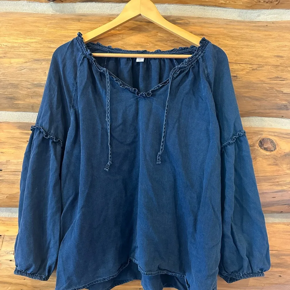 Ruffled Tie-Neck Chambray Poet Blouse - Image 3