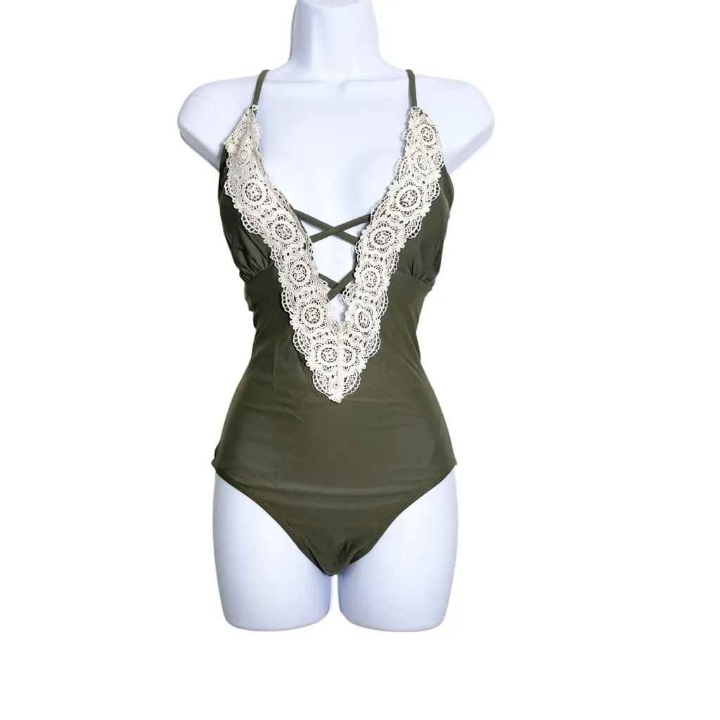 CUPSHE Women's‎ Vintage Lace Swimsuit Swimwear Bathing Suit Green size M - Image 2