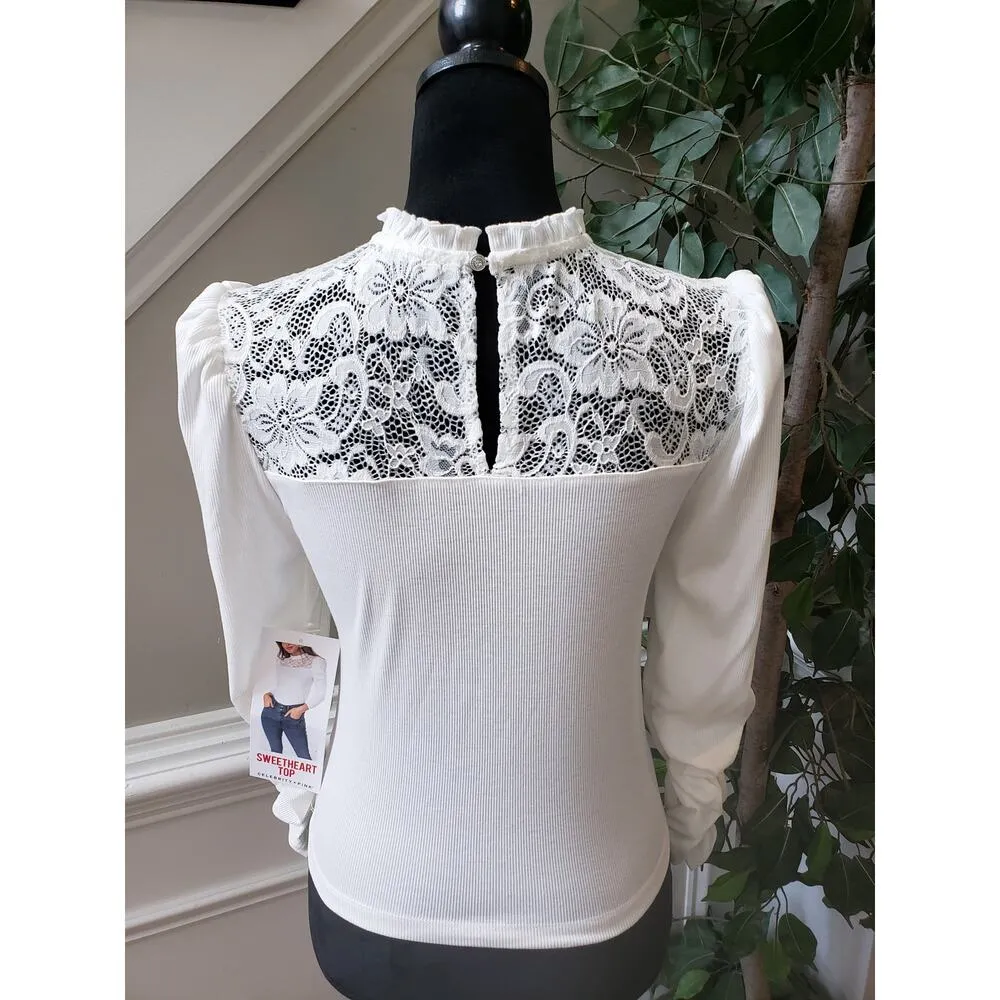 Celebrity Pink Top Blouse Women's Medium White Lace Up Ribbed Long Sleeve - Image 3