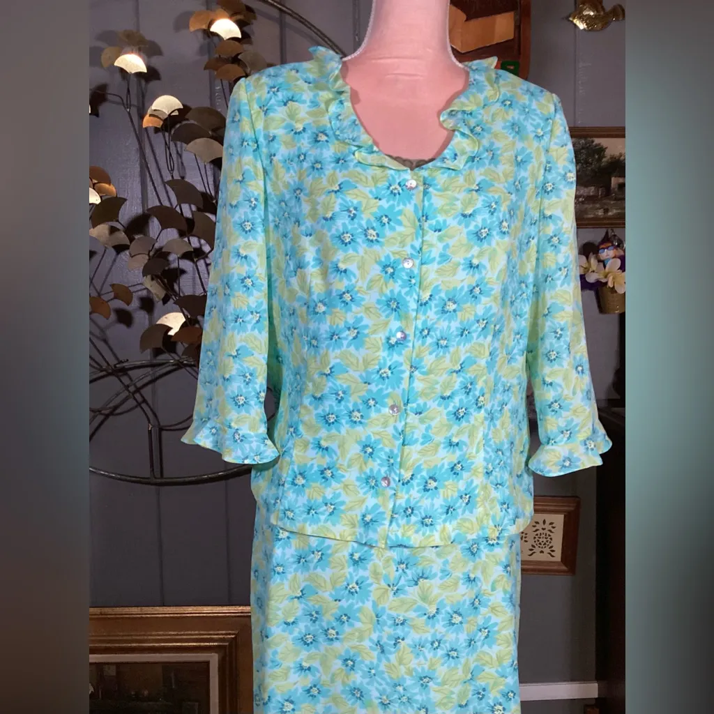 Vintage 2 Piece Lime/Teal Floral Cynthia Howie for Maggy Boutique Flutter 14 Green - Image 3