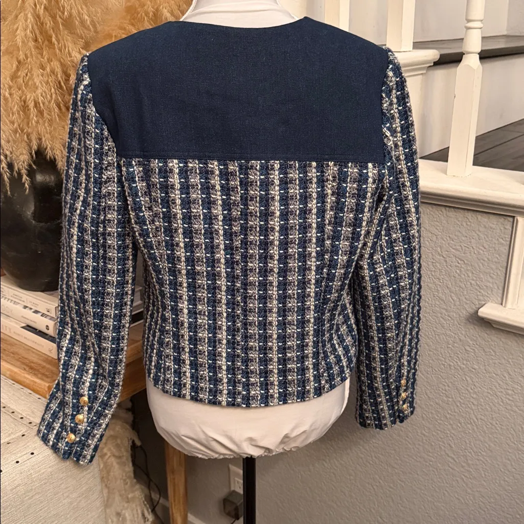 Sam Edelman Blue Tweed Fiona Double Breasted Collarless Blazer Size Medium - Image 5