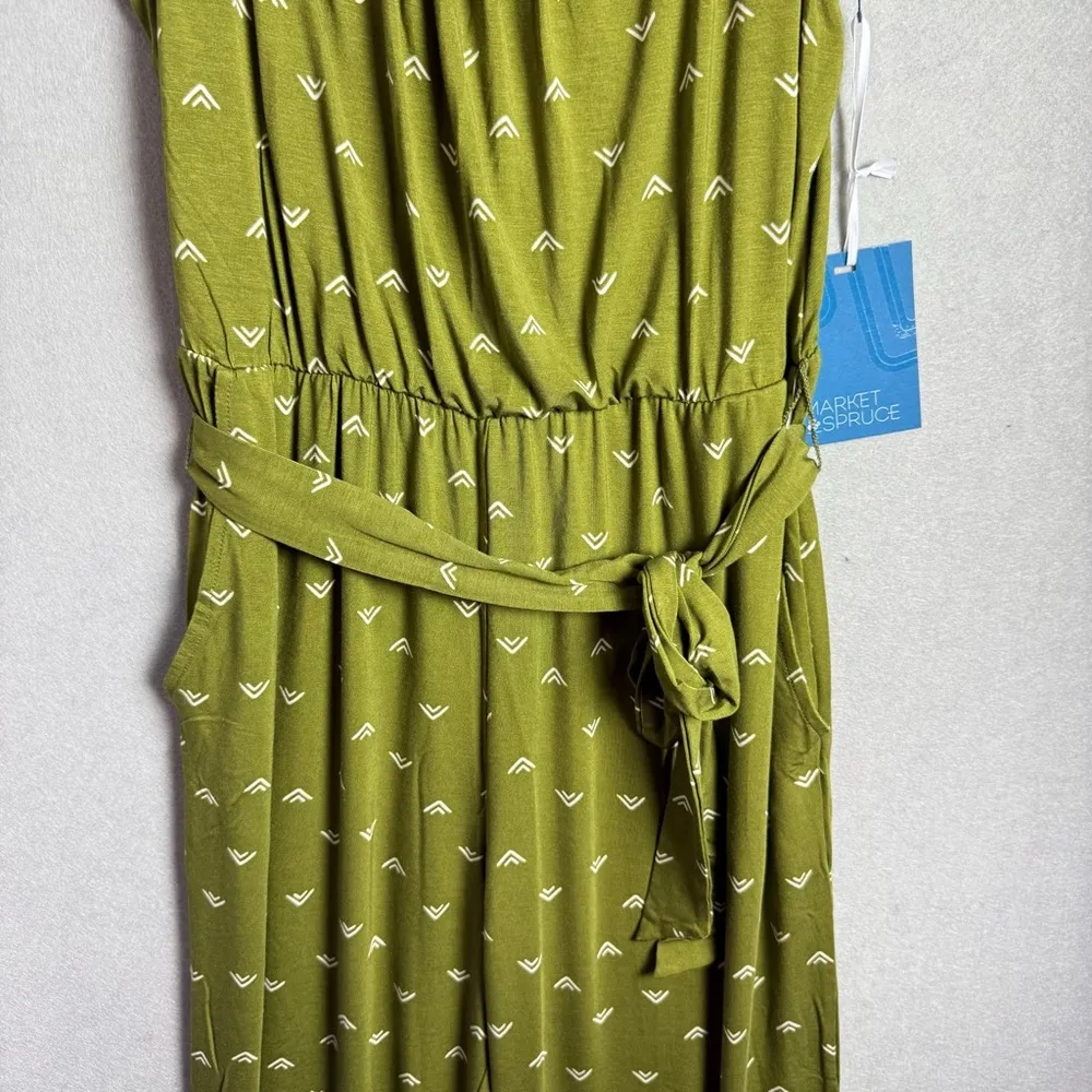 Market & Spruce Womens Olive Green Jumpsuit Wide Leg Waist Tie Geometric Print S - Image 3