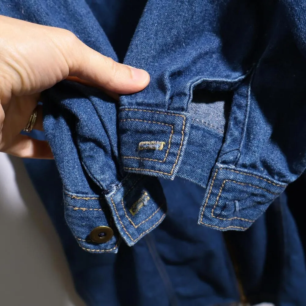 Vintage 80s Blue Denim Full Zip Dress Long Sleeve Utility Chest Pockets XL VTG * - Image 5