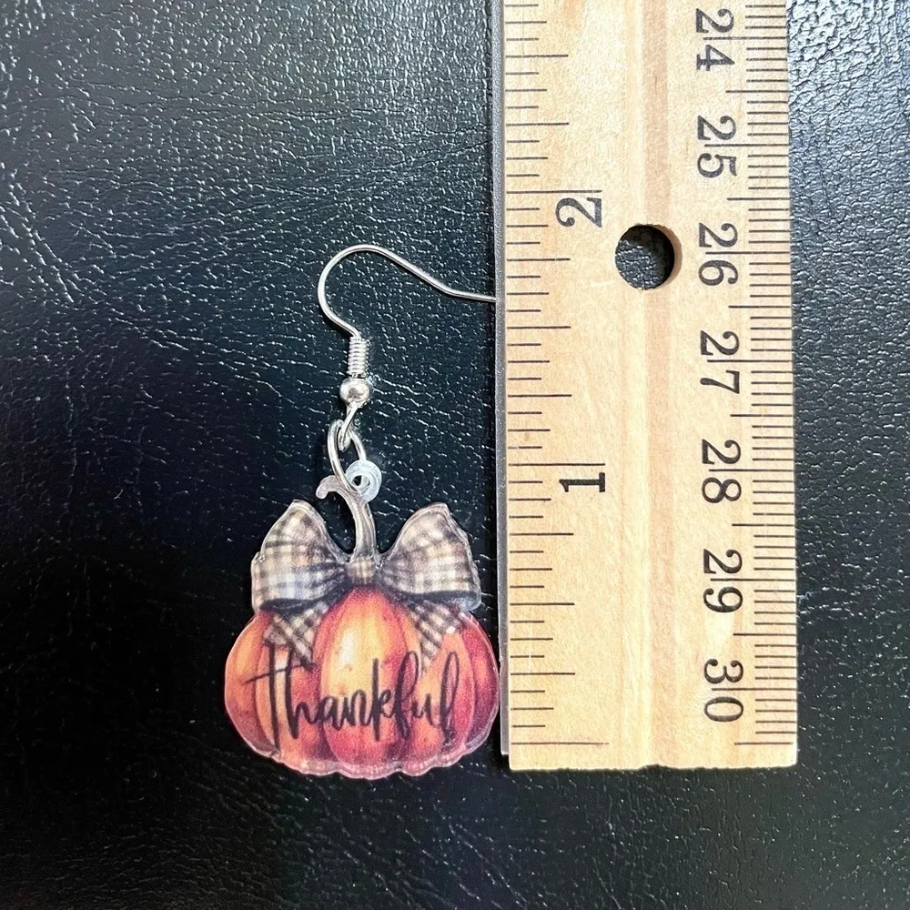 Earrings Pumpkin Thankful Thanksgiving Acrylic Dangle Orange - Image 5