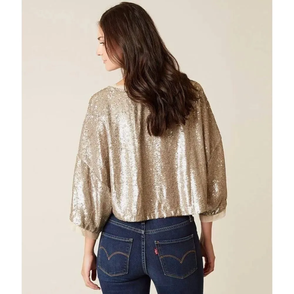 Free People Champagne Dreams Tee Small Neutral Gold Sequin Oversized Cropped - Image 13
