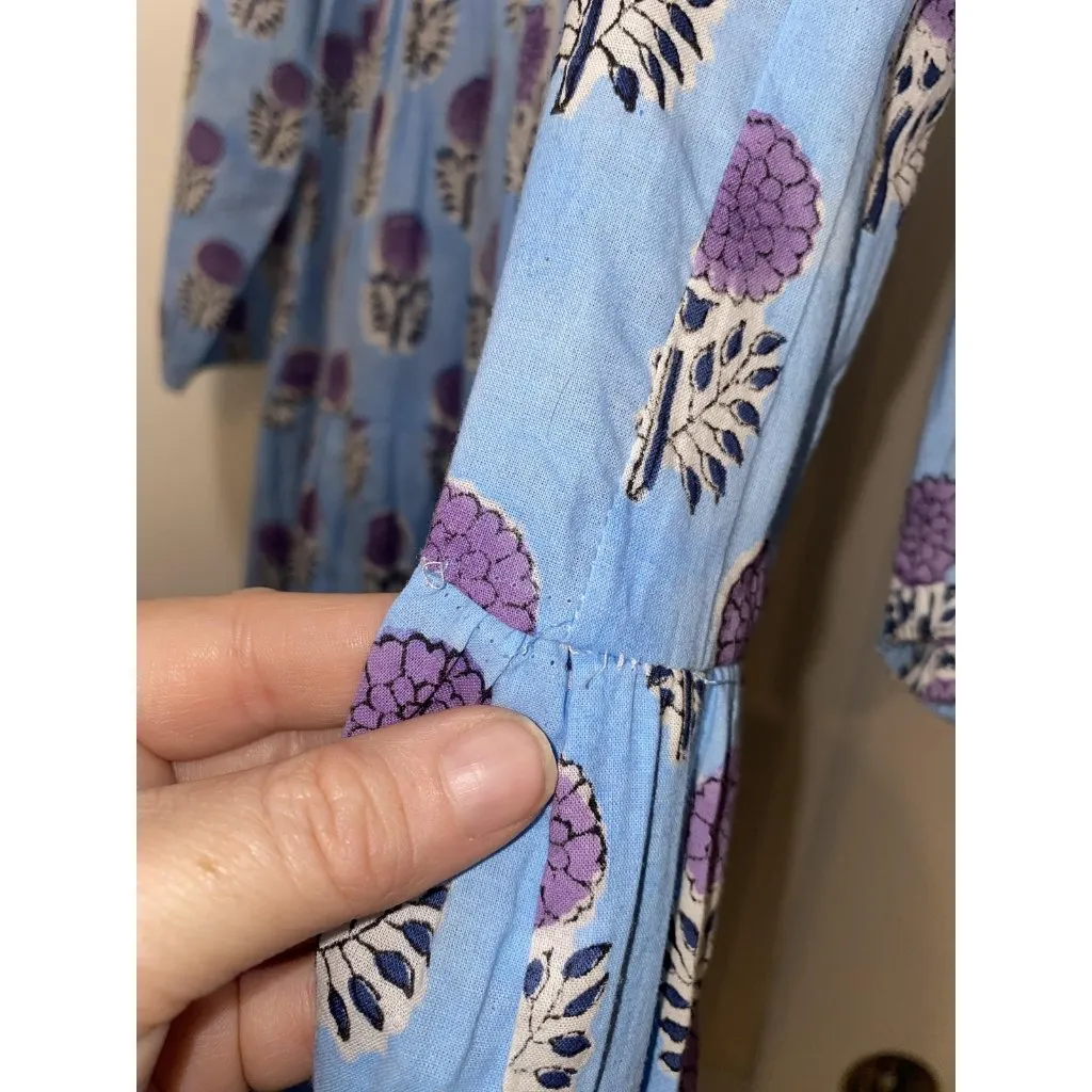 Sur La Vague Dahlia Dress Womens One Size Blue Floral Boho Maxi India Cotton Size M - Image 3
