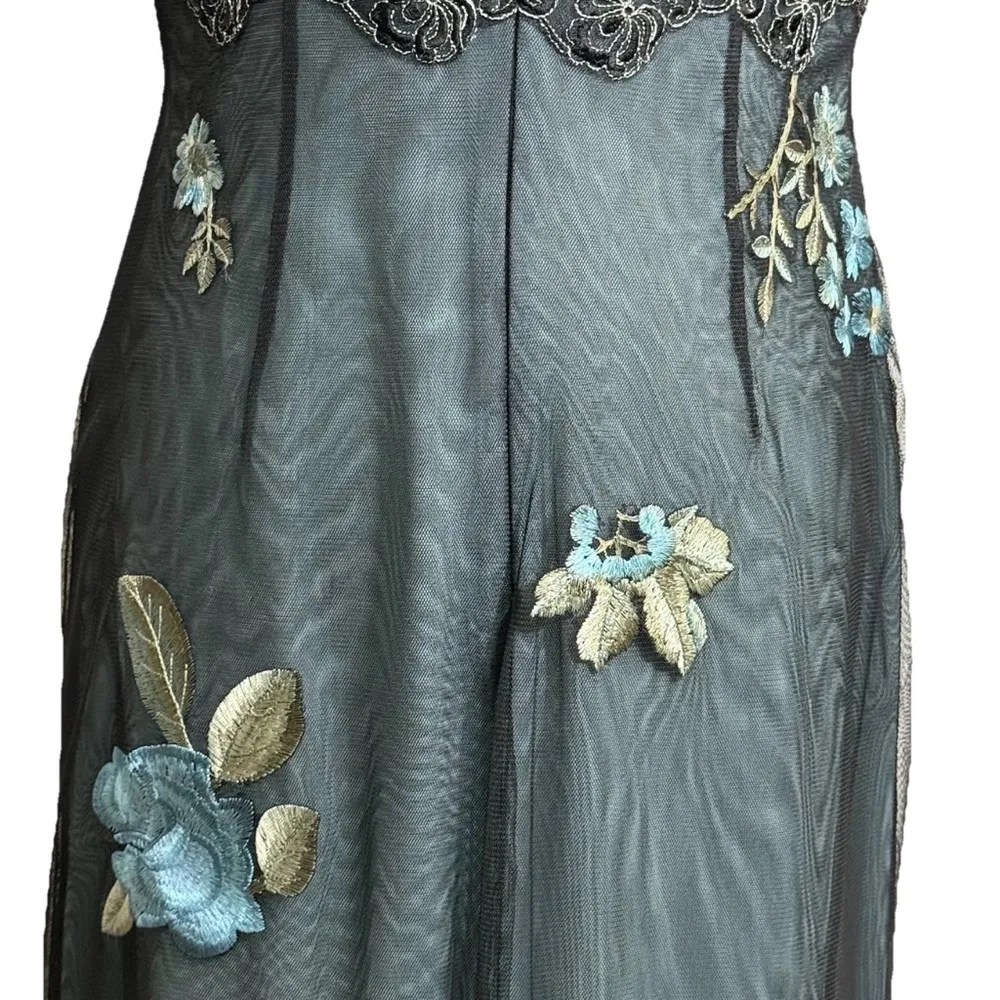 Adrianna Papell Dress Floral Beaded Sheer Silk Empire Waist Black Blue 12 - Image 8