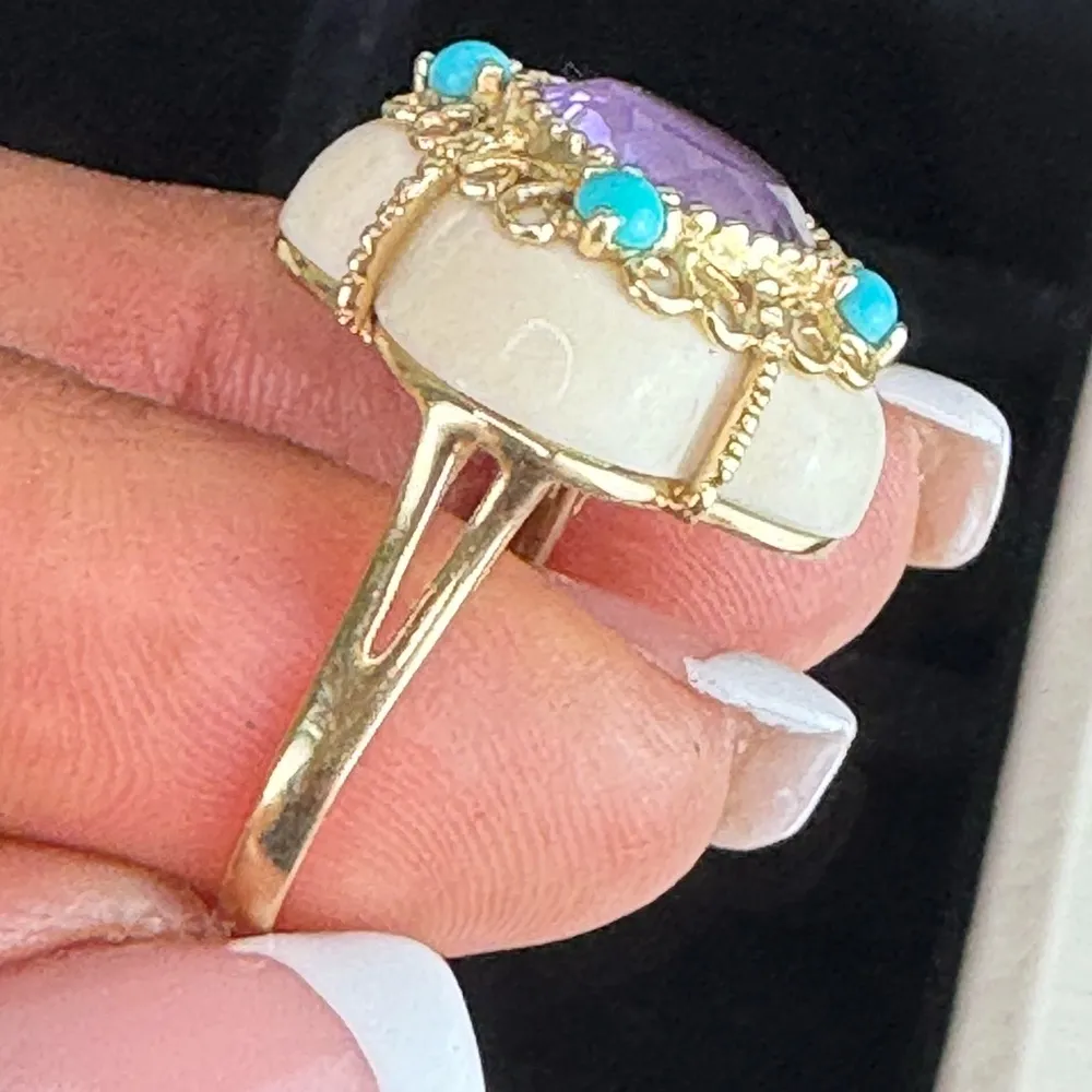 14K RARE Yellow Gold Bezel Amethyst Turquoise Quatrefoil White Agate Ring S 6.5 - Image 11