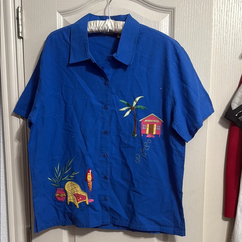 💖 NWOT Vintage Bobbie Brooks Blue Tropical Embroidered Shirt - Image 2
