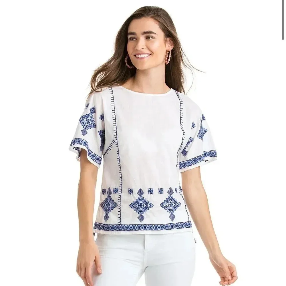VINEYARD VINES Grand Millennial Embroidered Blue‎ White Lightweight Top Small - Image 2