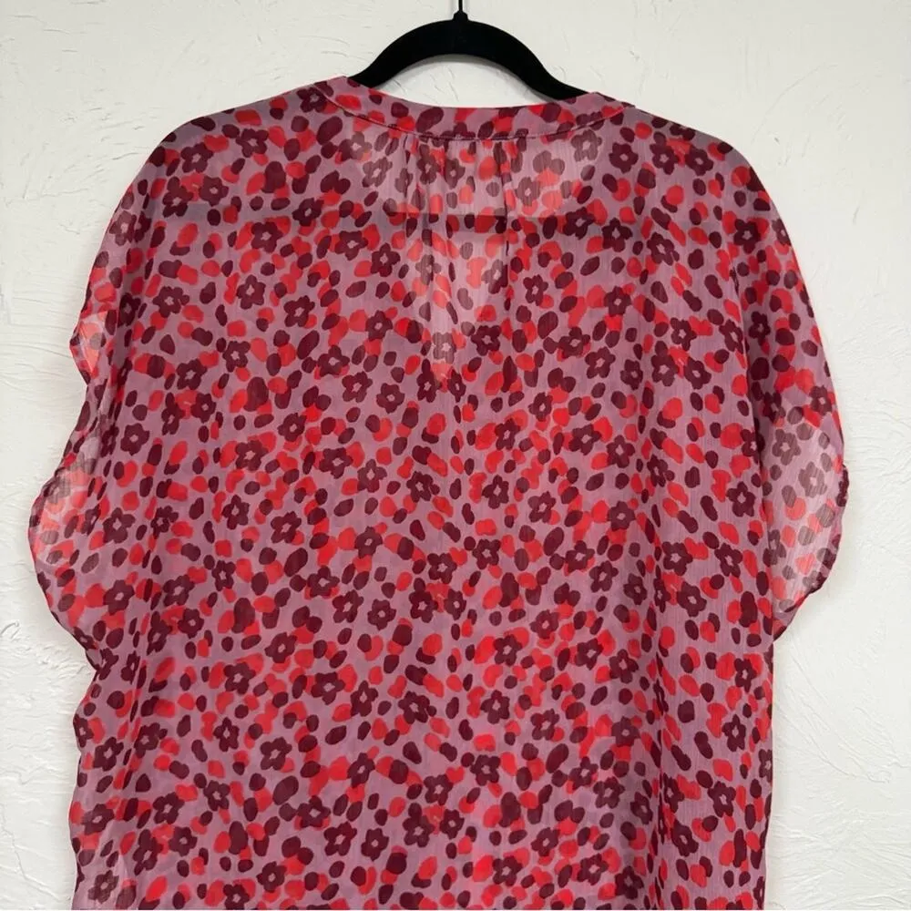 Logo Lori Goldstein Red Floral Sheer Button Down Shirt Women’s L Short Sleeve - Image 9