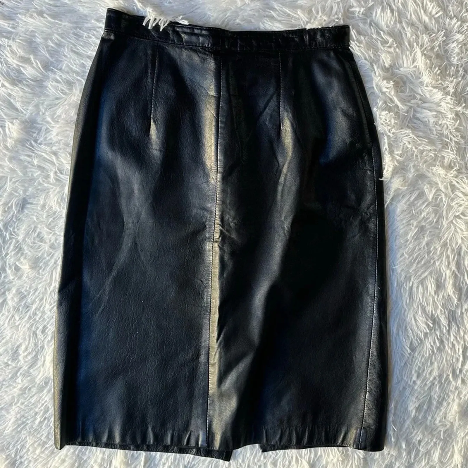 Vintage 80s Brass Plum Nordstrom Black Genuine Leather Pencil Skirt Knee M Size 6 - Image 5