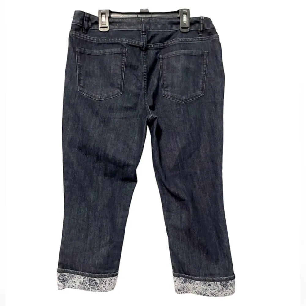 Coldwater Creek Denim Cropped Capris with Contrasting Floral Cuffs Blue Size 8 - Image 2