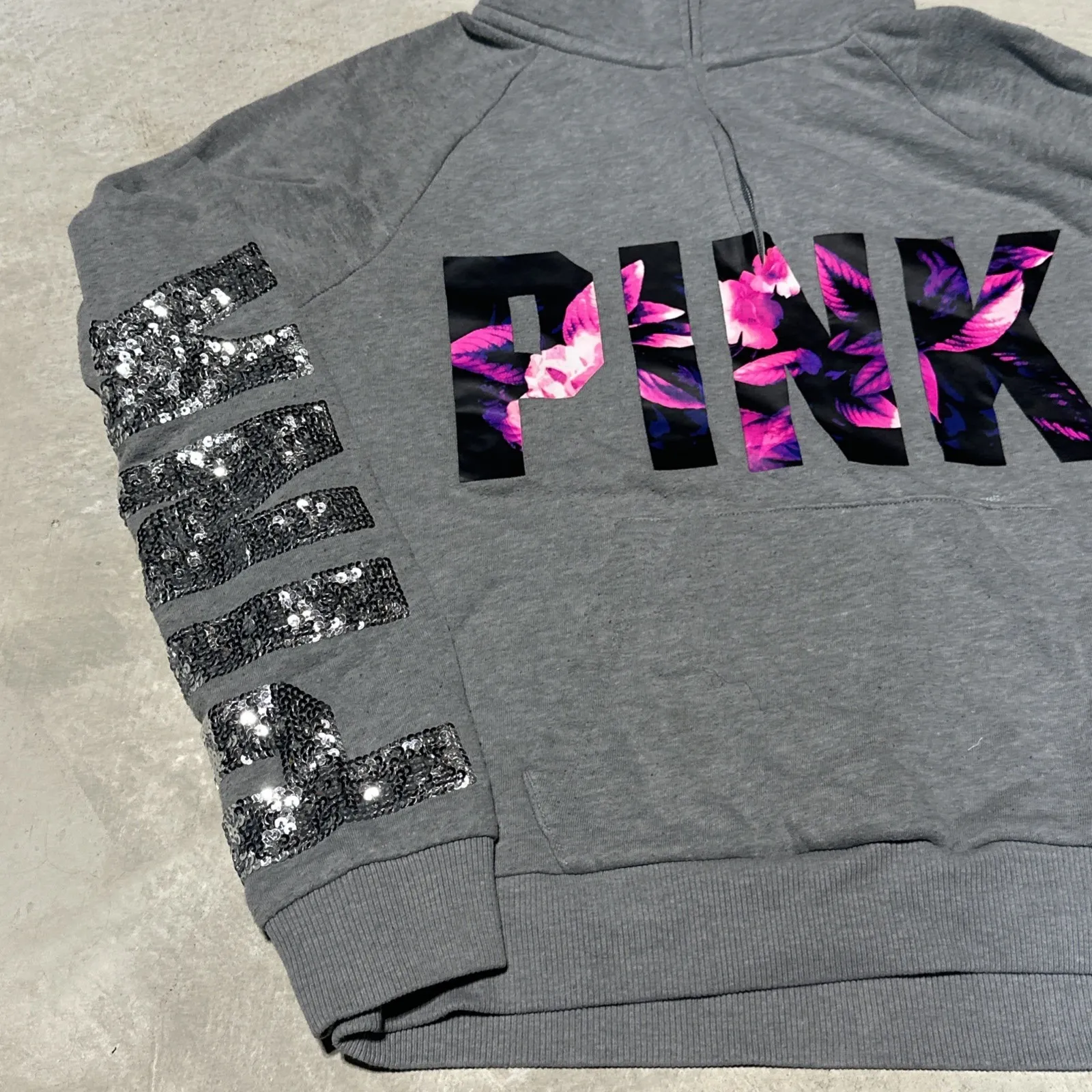 Victoria's Secret Pink Bling Floral Quarter Zip Pullover Gray Silver Logo SZ L - Image 4