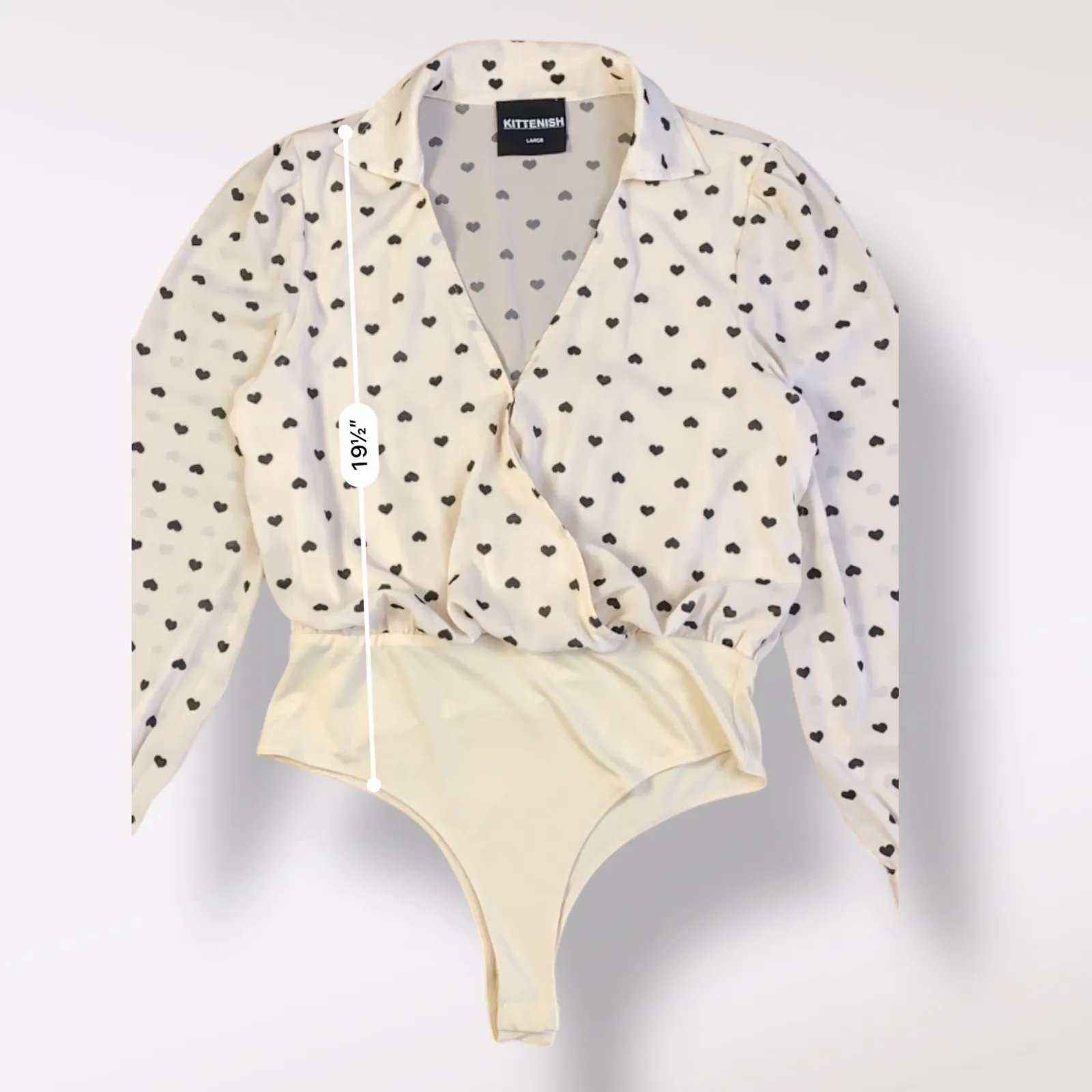 Kittenish Women’s Large Heart‎ Print Bodysuit White Black Wrap Top Long Sleeve - Image 6