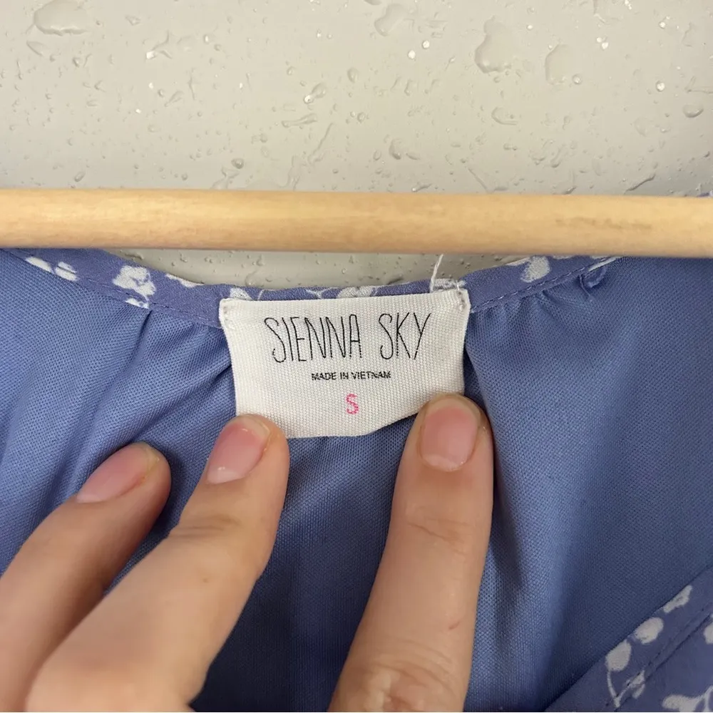 🦋 Sienna Sky Blue White Floral Puff Sleeve Mini Dress Casual Cottagecore Small - Image 2