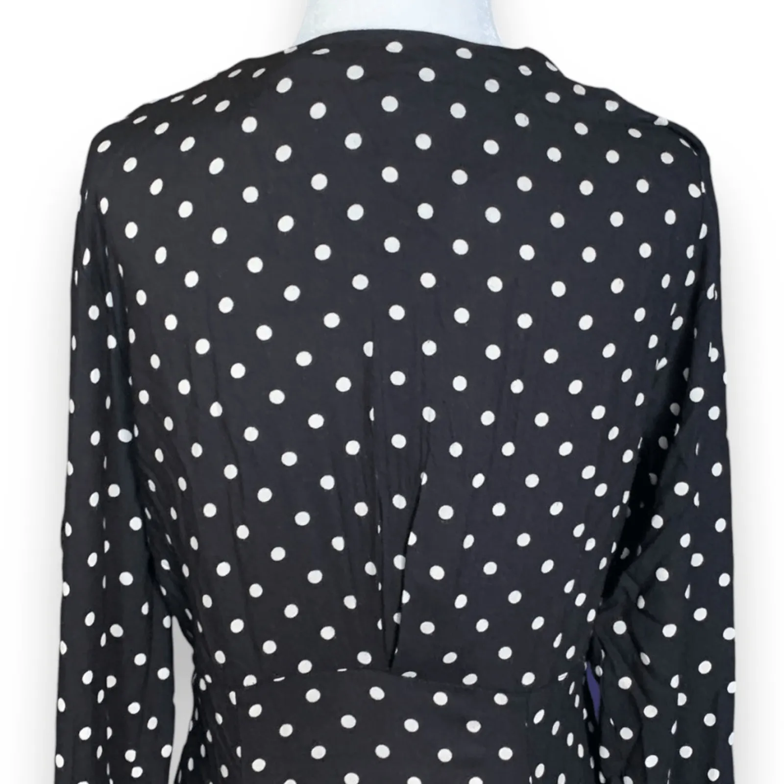 Vintage 90s Karlie & Company Polka Dot Midi Dress Embroidered Floral Collar Black Size 8 - Image 7