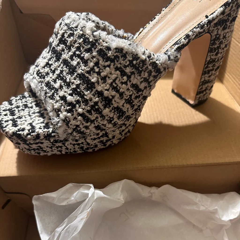 Tweed Platform Mule Heels Black White Chunky Block Heel Slip On Sandals NEW - Image 5