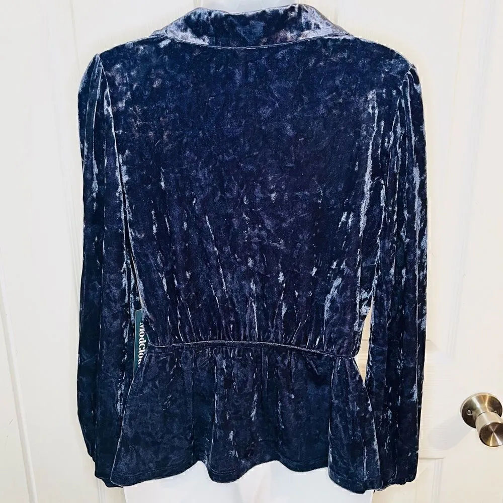 Modcloth Peak of Chic Crushed Velvet Top Faux Wrap Puff Sleeve Blue S - Image 8