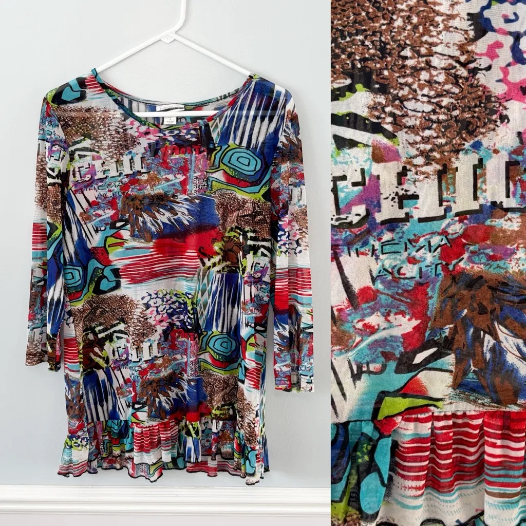 Vintage 90s Mesh Top Size Med Ruffle Hem Grunge Lightweight Geometric Patchwork - Image 2