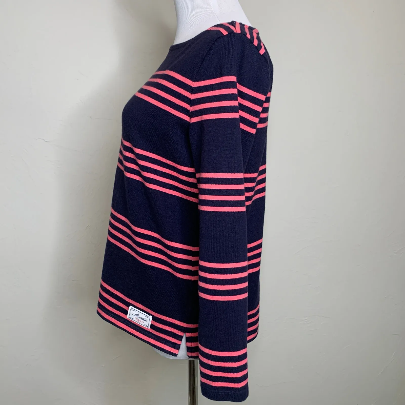 Talbots Navy Blue Pink Striped Boat Neck Knit Top Sz Small Petite - Image 4