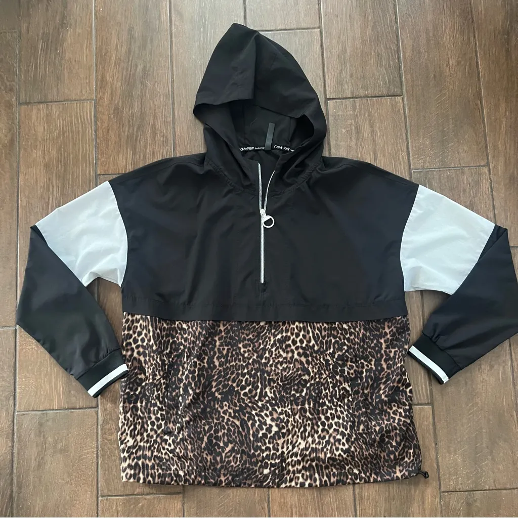 Calvin Klein Leopard Performance Colorblock Hooded Stretch Jacket Top Women sz M Black Size M - Image 1