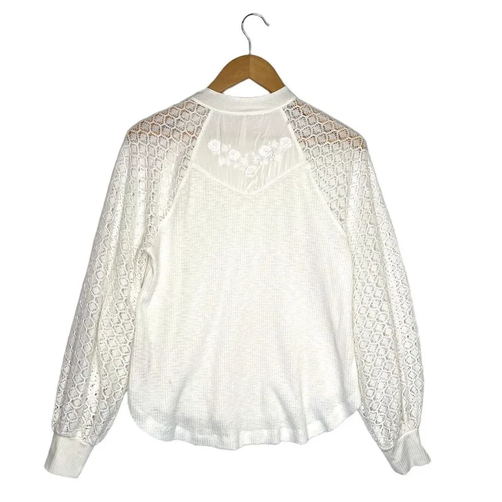 Free People Top Womens S Sweetest Thing Waffle Embroidered Boho Peasant Ivory - Image 3