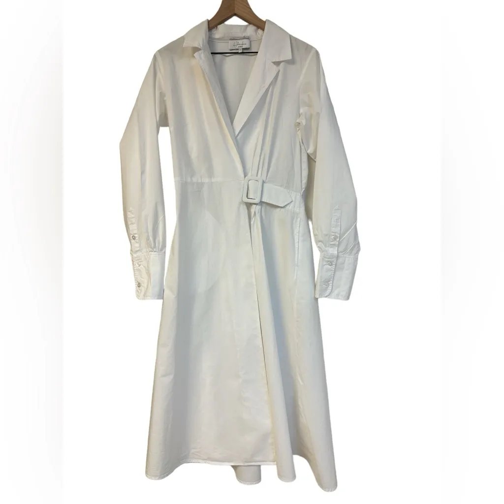 L'Academie Musea Belted Poplin Midi Dress in White‎ Sz L - Image 5