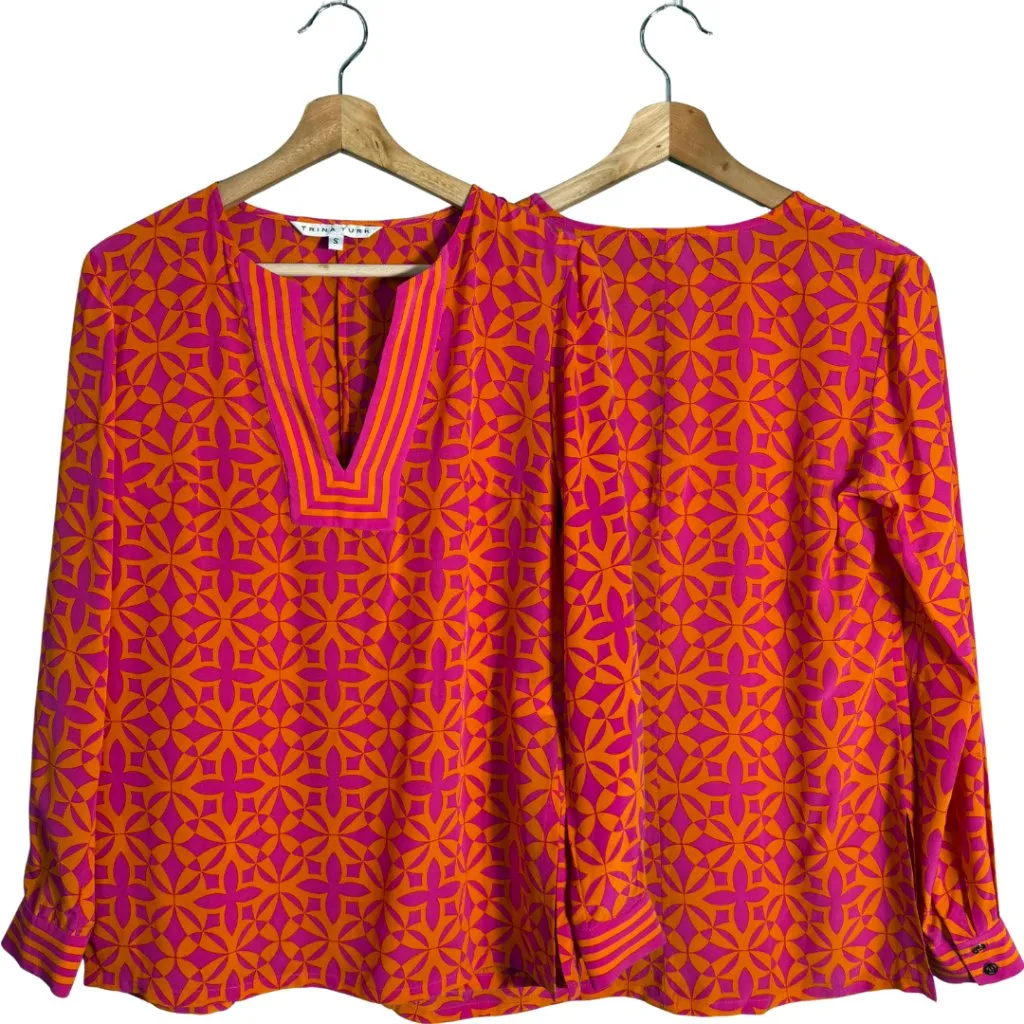 Trina Turk 100% Silk Printed Blouse Top Women's Small Pink Orange V-Neck Preppy - Image 2
