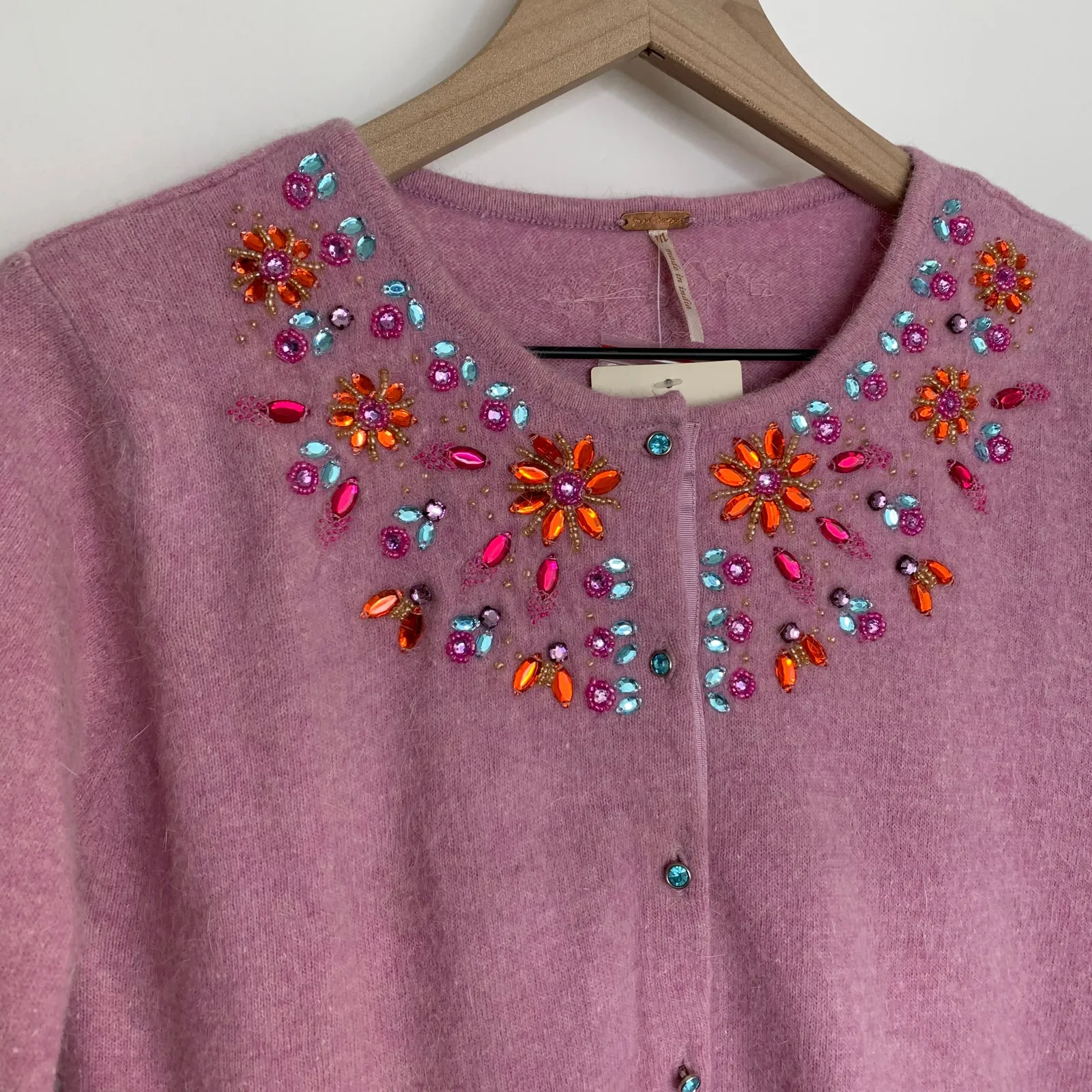 Free People Pink Embroidered Cardigan Sweater Womens Medium New Lilac - Image 8