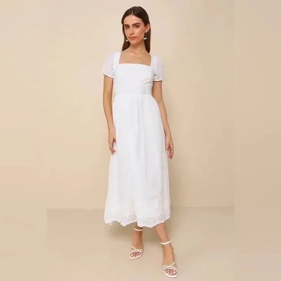 Lulus Stylish Merriment White Puff Sleeve Embroidered Midi Dress Size‎ M - Image 4