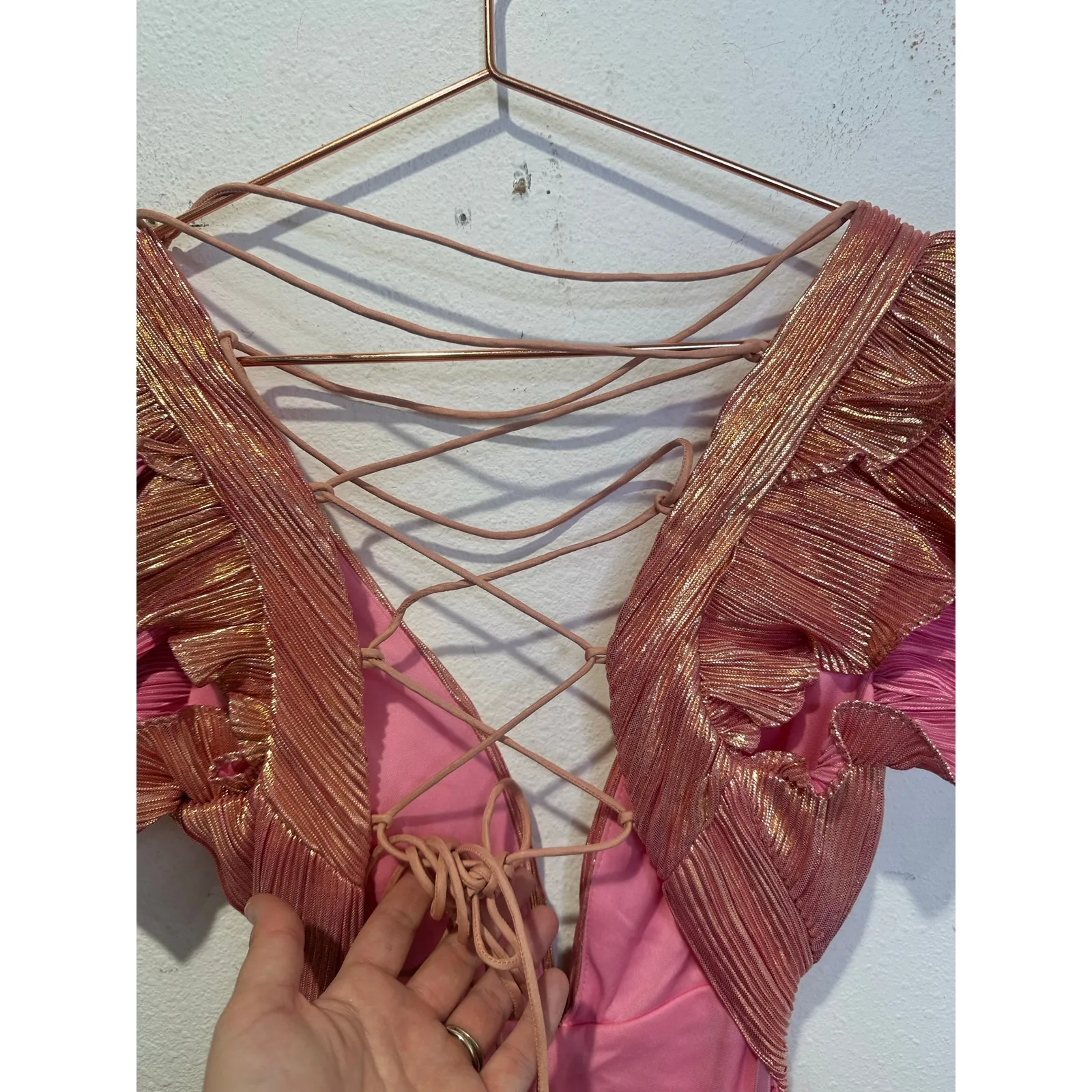 MAC DUGGAL Coral Pink Gold Ruffle Tiered Criss Cross Lace Up Back Gown Dress 2 - Image 10