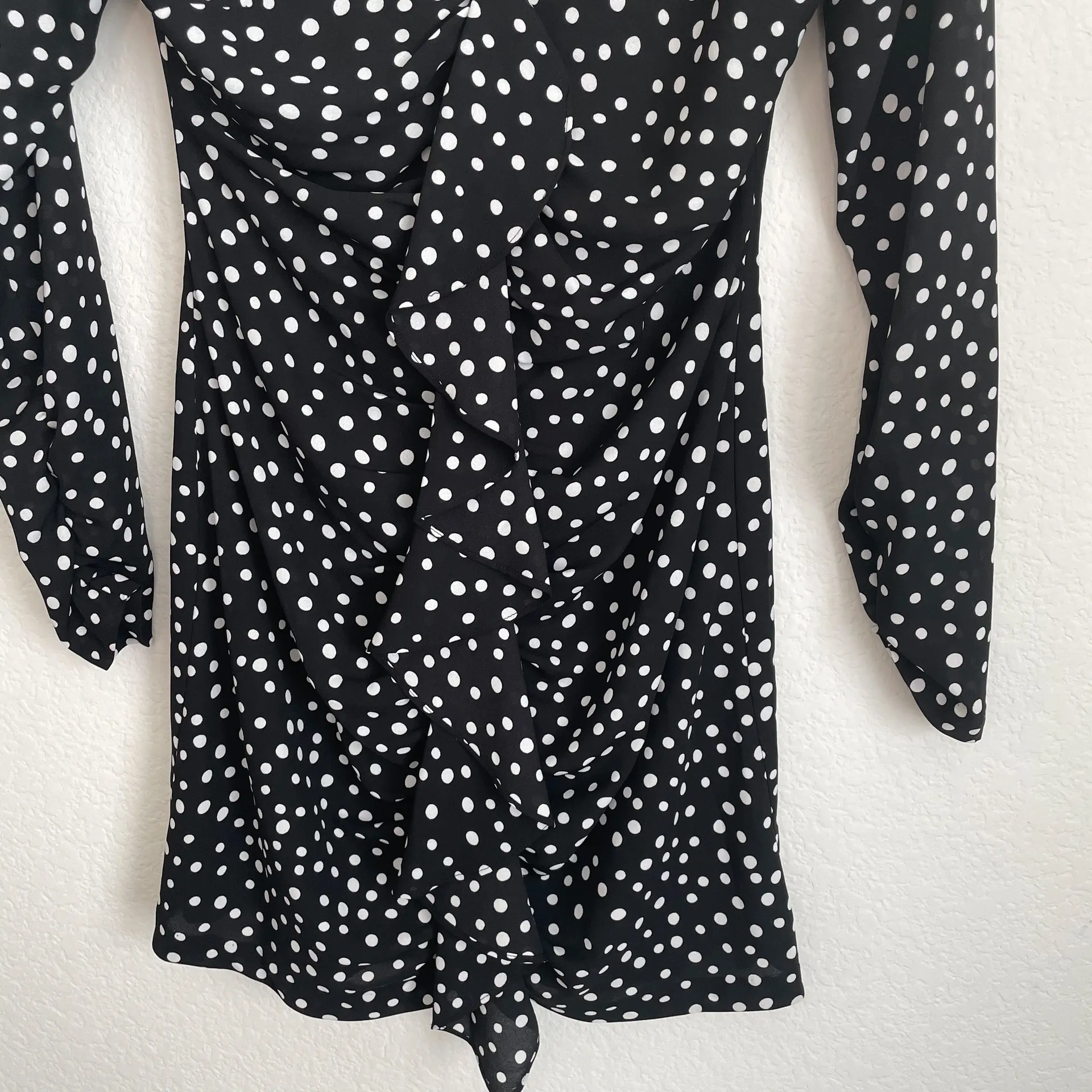 Corinne Black & White Polka Dot Long Sleeve Ruffle Mini Dress - Image 7