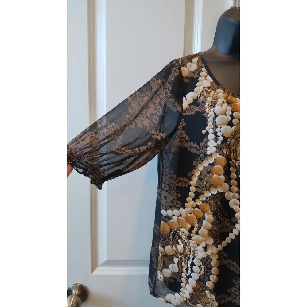 Blouse 5th Avenue Black Gold Print 3/4 Sleeve Semi Sheer w Black Cami Tank XL - Image 2