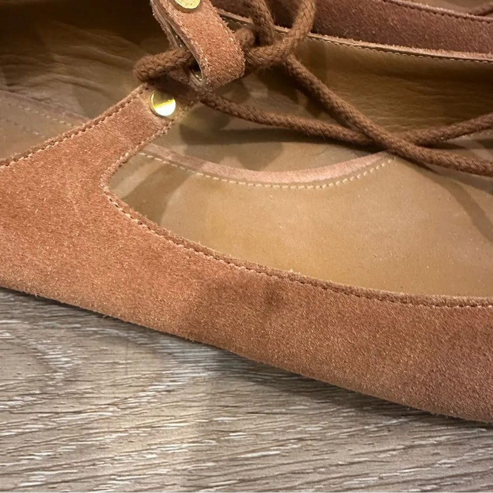 CHLOE Foster Camel Suede Lace-Up Ballerina Flat Ballet Shoes Size 39.5 - Image 7
