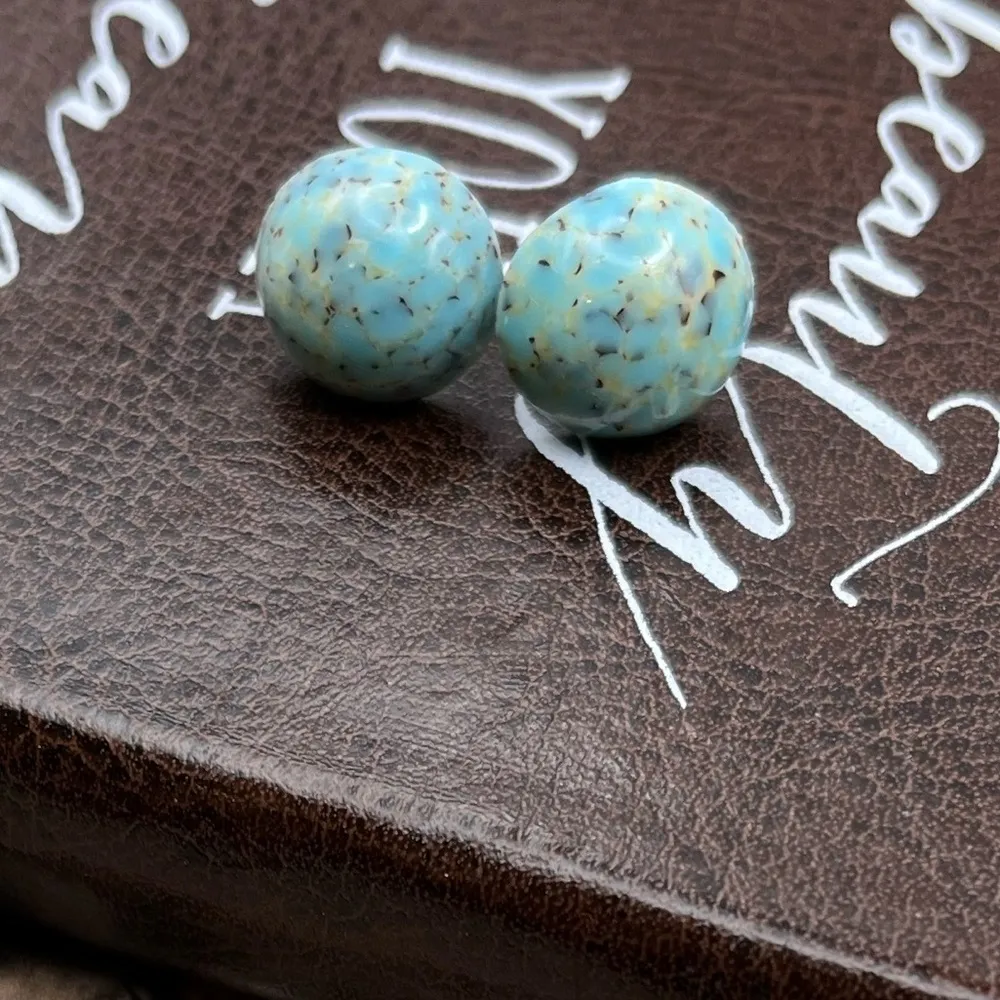 Vintage Cyan Sky Blue Speckled Round Resin Stainless Steel Cabochon Earrings - Image 8