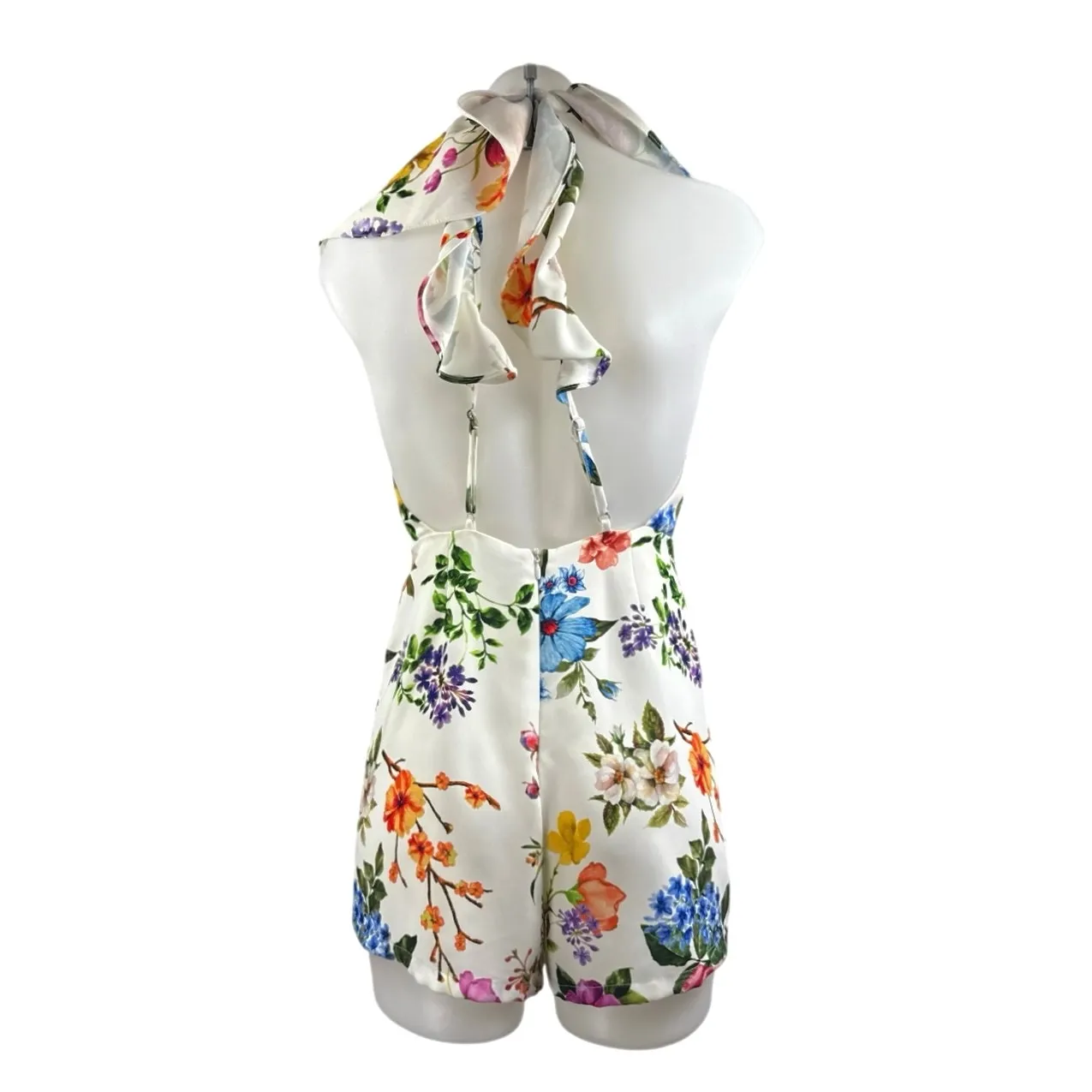 Do+Be White Multicolor Floral Sleeveless Ruffle Open Back Jumpsuit Romper Size S - Image 3