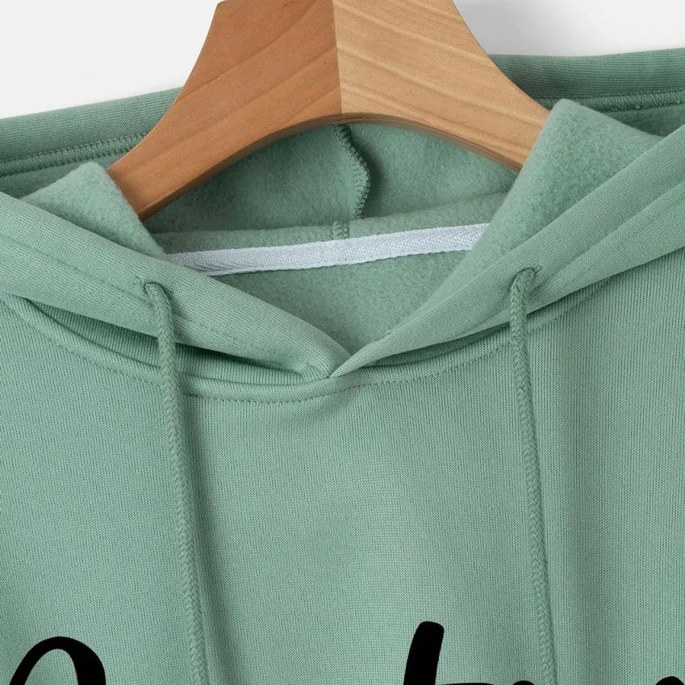 Mint Green POSITIVE Graphic Drop Shoulder Crop Drawstring Hoodie Size Medium‍‍ - Image 2