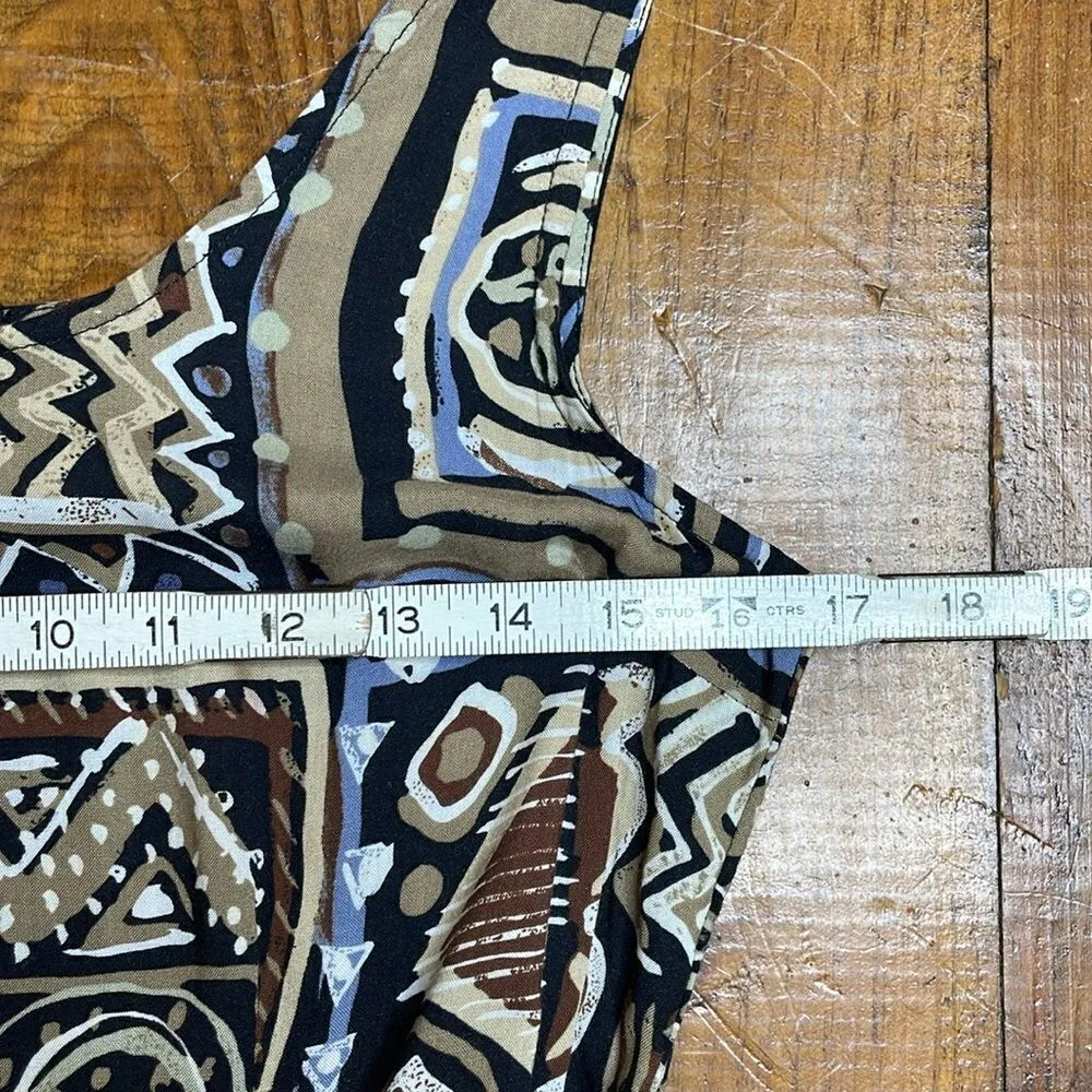 90s Vintage geometric Print Rayon Tie Front Tank Midi Dress black size 9 - Image 5
