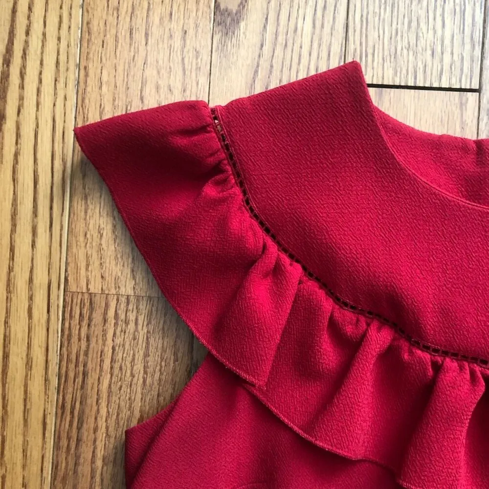 Trina Turk Cherry Red Rose Shift Ruffles Neckline Sleeveless Women’s Size 8 - Image 6