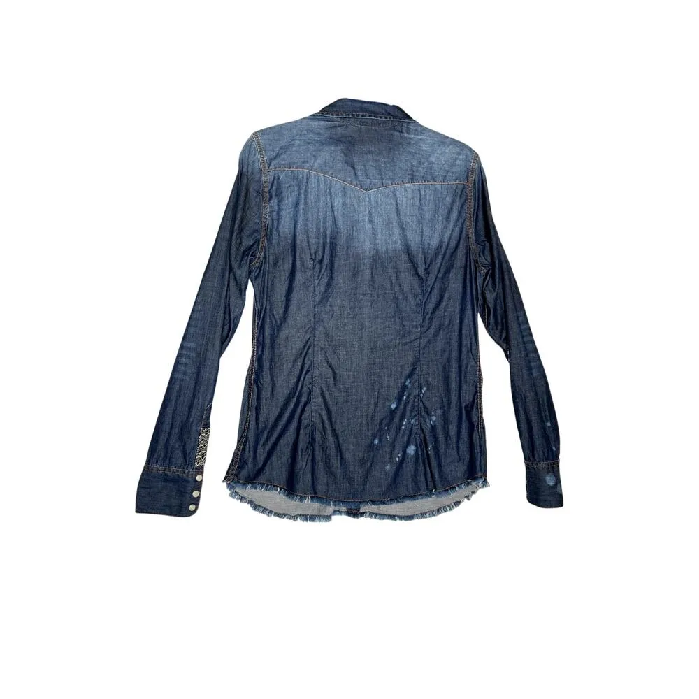 Lucky Brand womens size L pearl snap shirt western boho art to wear lagenlook Blue Size L - Image 2