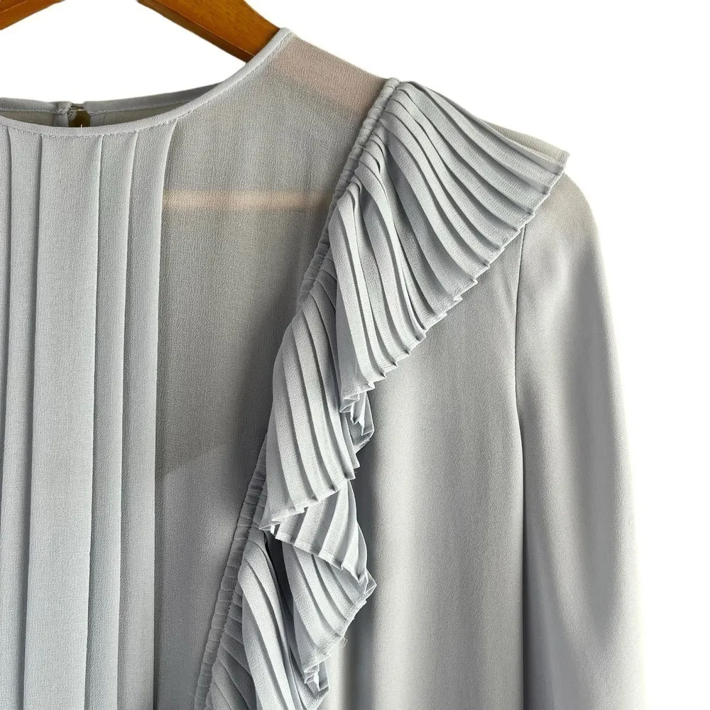 BCBGMaxazria Kristey Pleated Ruffle Bib Dress in Light Dusty Blue, Size Large‎ - Image 6