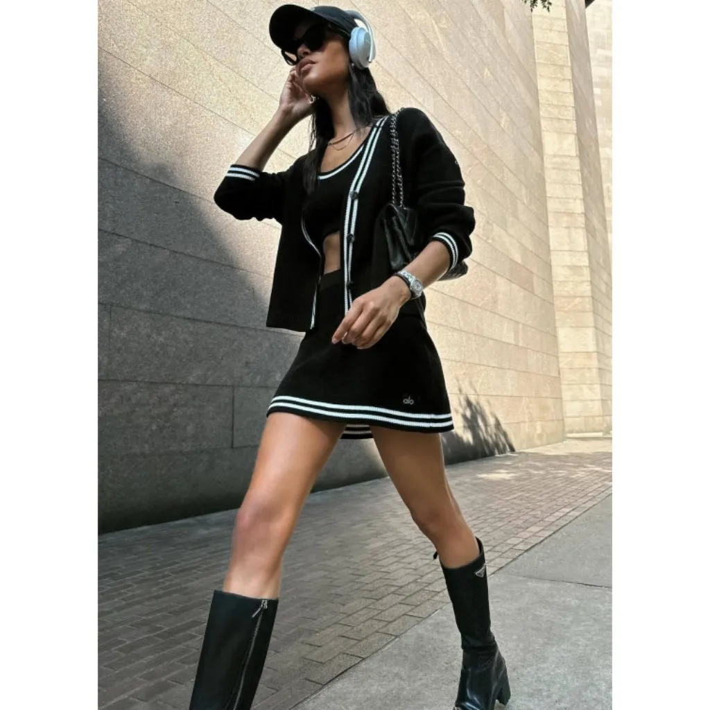 Alo Tennis Club Sweater Knit Skirt Black Ivory Varsity Striped High-Waist Skort - Image 9