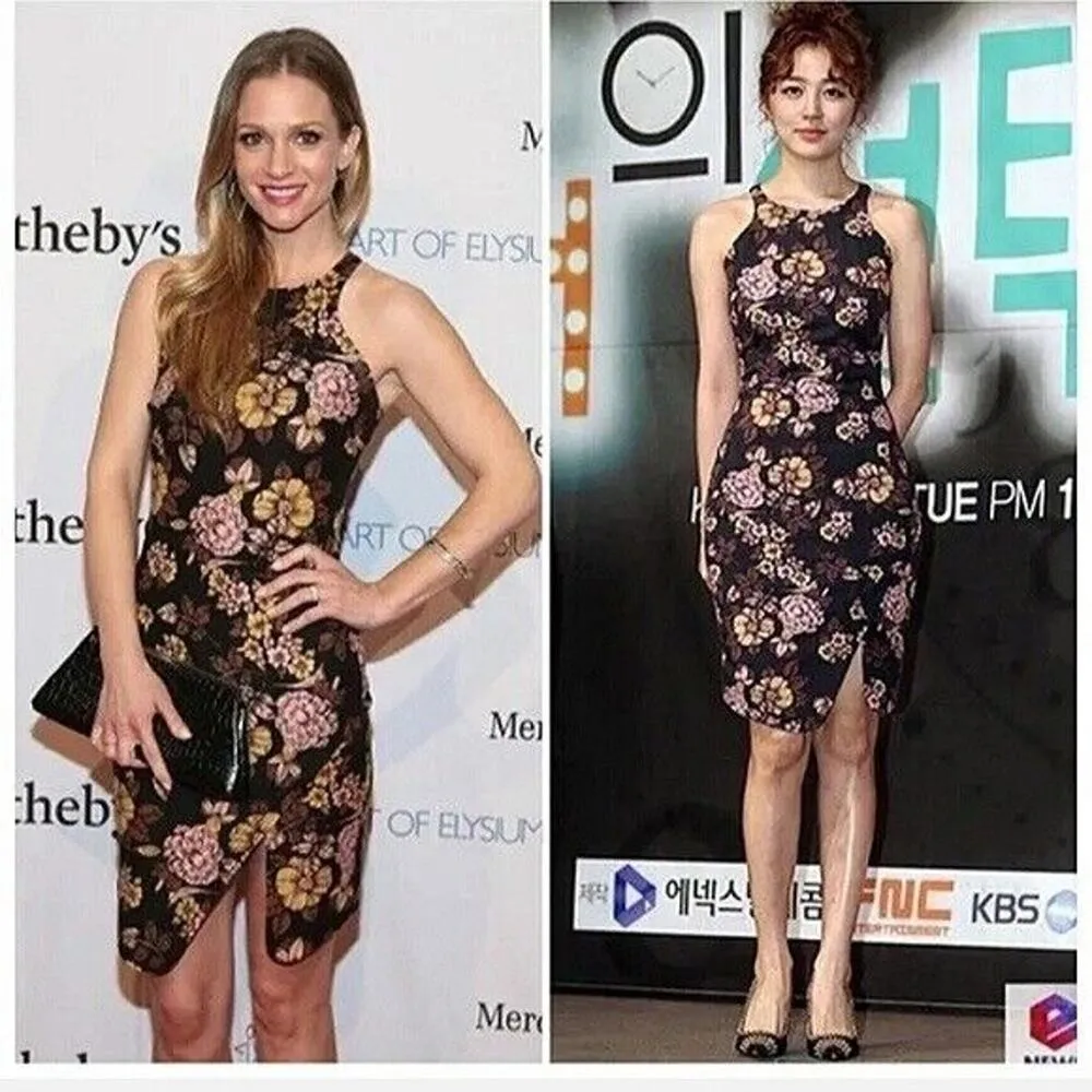 Elizabeth and James Wool Bardot Dress Asymmetric Floral 6 EUC Worn By Celebrity - Image 3